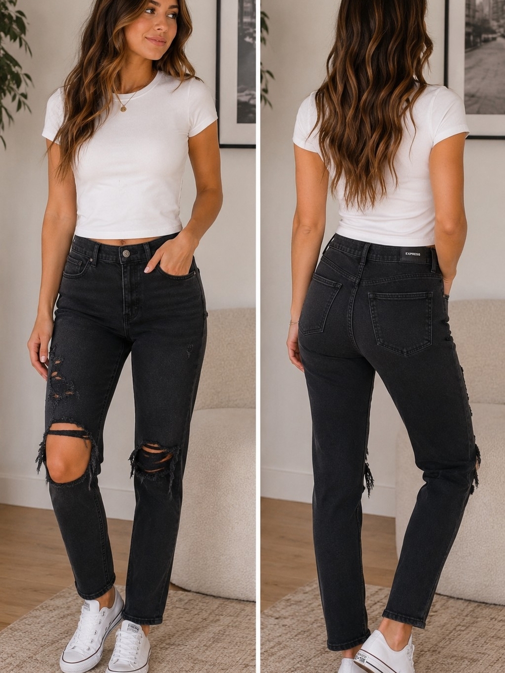 Express High-Rise Distressed Black Mom Jeans